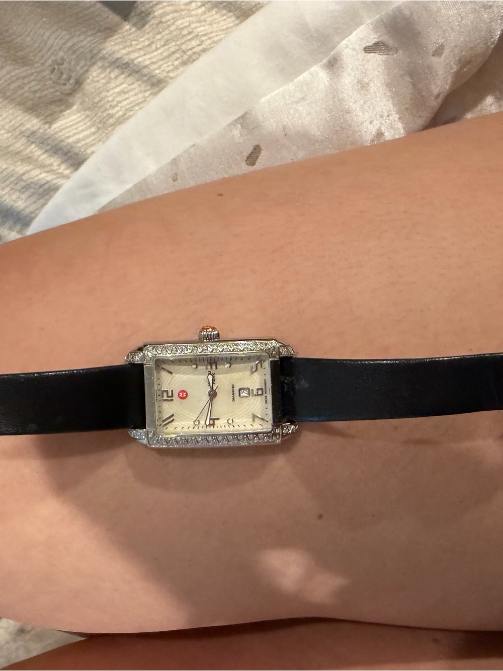 Michele Rectangular Dress Watch with Black Leather Strap